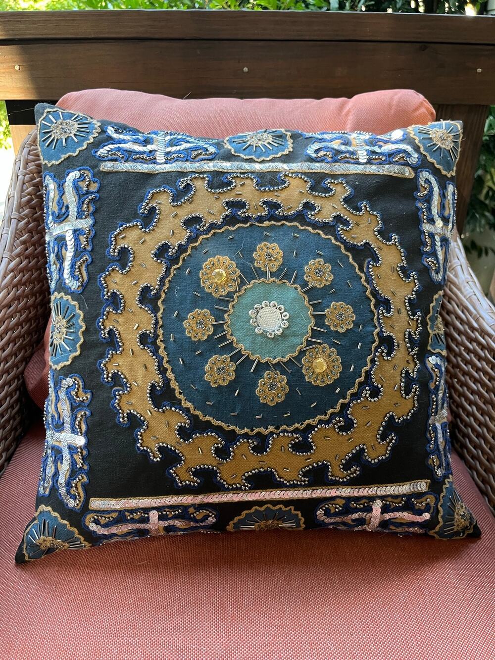 Spencer N Enterprises Beaded Throw Pillow Suzani Medallion Blue Gold 15in Down